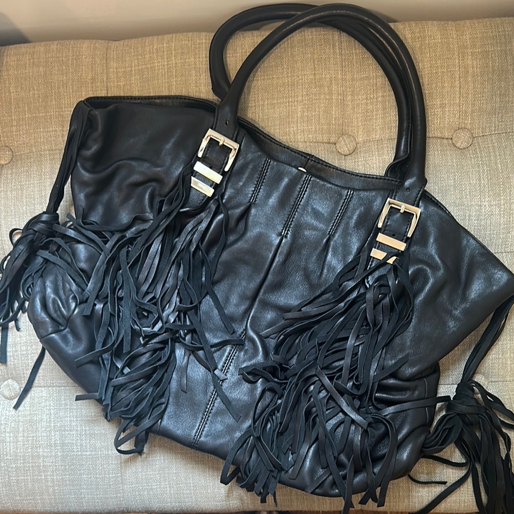 Hype Black Leather Fringe Shoulder Bag